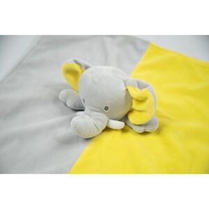 Okie Dokie Baby Blanket Elephant Lovey Yellow Gray Rattle Embroidered HUGS Satin